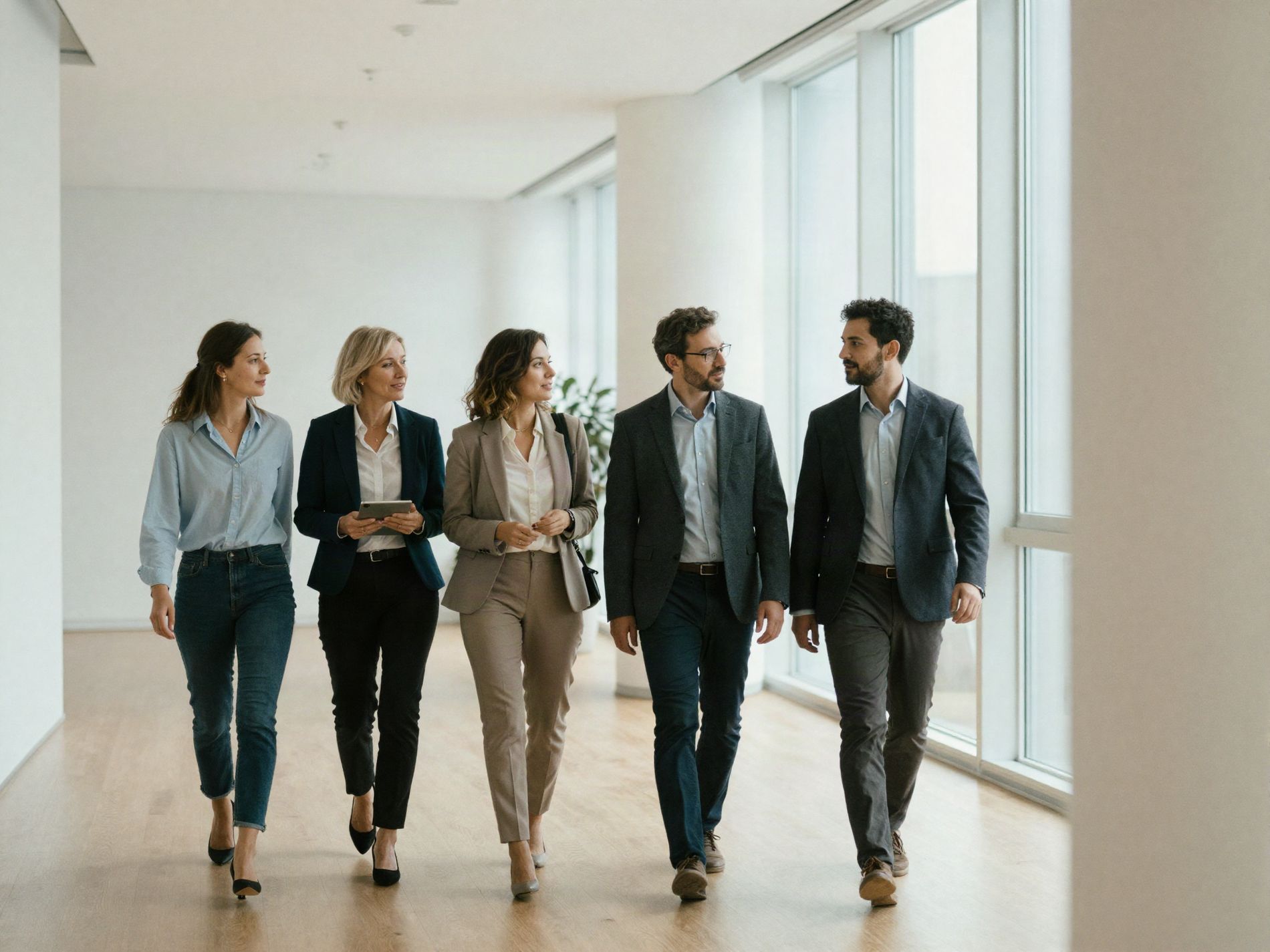 Equipa multidisciplinar a percorrer o corredor do escritório