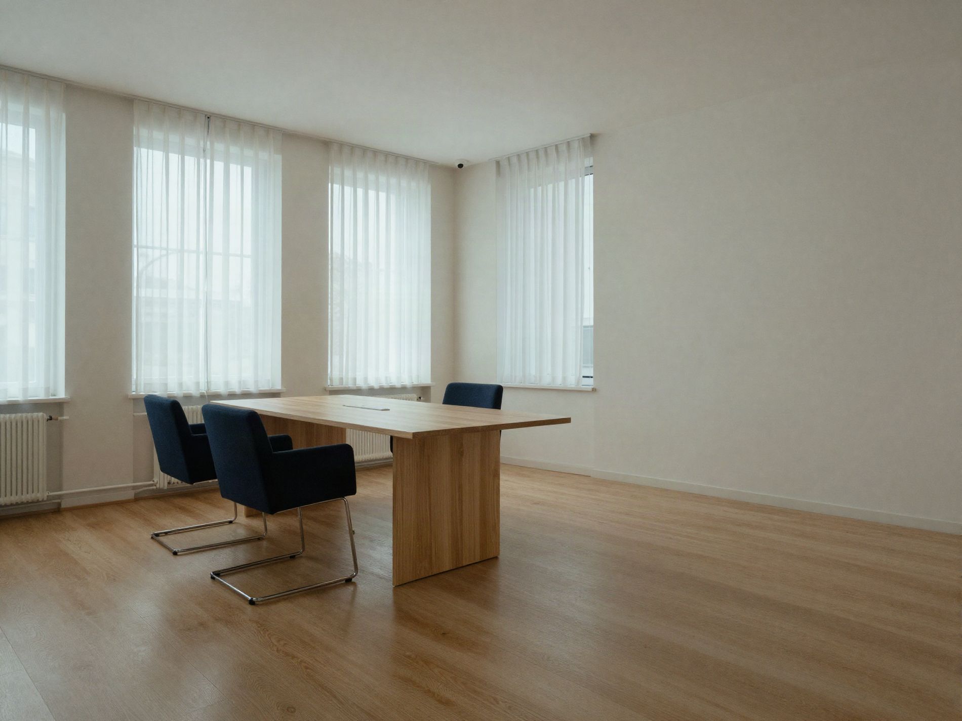 Sala de reuniões vazia com mesa de carvalho e cadeiras azul-escuras