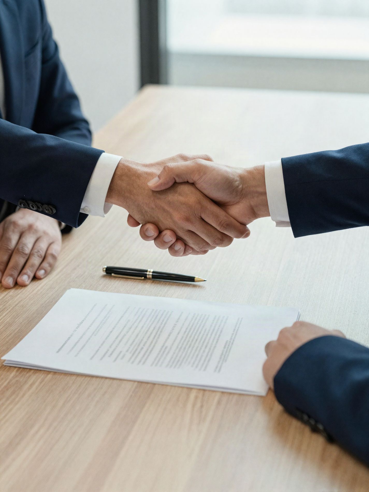 Aperto de mão sobre um contrato assinado numa mesa de reunião